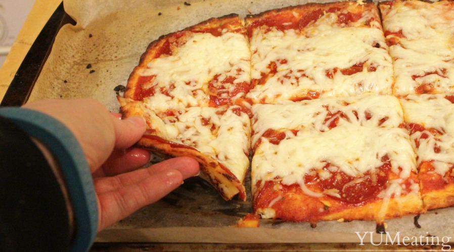 chicken and cheese pizza out of oven