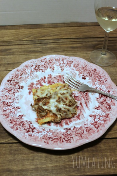 skinny lasagna plated with wine