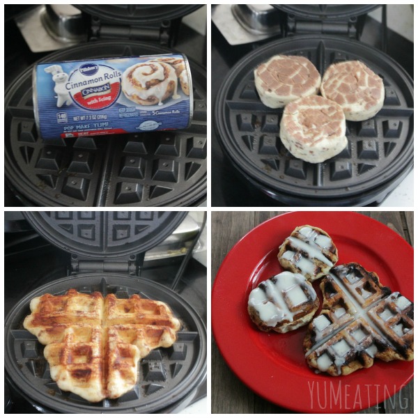 tagged cinnamon rolls on waffle iron